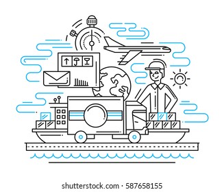 Delivery service plain line flat design illustration with delivery man, vehicle, plane, ship