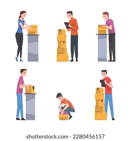 Delivery service or post office workers dealing with orders and cargo set. Men and women packing and carrying boxes cartoon vector illustration