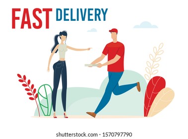 Delivery Service, Postal Company Trendy Flat Vector Advertising Banner, Poster Template. Pizza Deliveryman, Male Courier Carrying Box in Hands, Running, Hurrying Give Parcel to Client Illustration