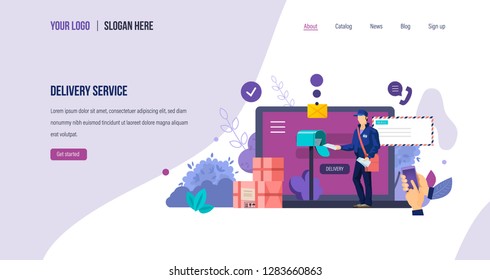 Delivery service. Postal delivery courier, online order correspondence and goods, online application for service, gps tracking, package shipment. Landing page template. Vector illustration.