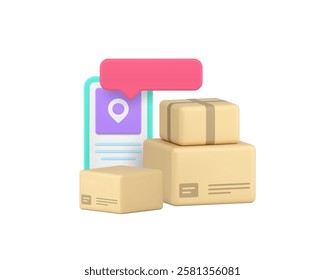 Delivery service postal parcel smartphone application 3d icon realistic vector illustration. Online shopping post order shipping mobile phone location express courier navigation tracking app