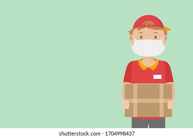 Delivery service poster with copy space. Courier in face mask. Vector illustration.