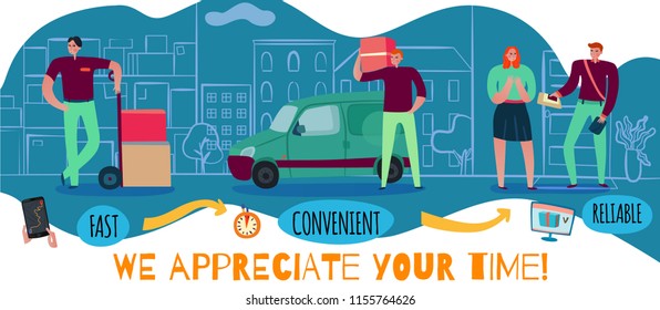 Delivery service poster with fast convenient and reliable delivery symbols flat vector illustration