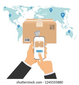 Delivery service. The postman passes the goods to the buyer. Logistics services. Concept of delivery of goods. Fast delivery, express delivery man holding a package. Vector Illustration.