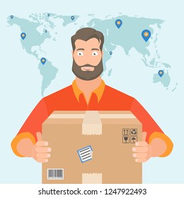 Delivery service. The postman passes the goods to the buyer. Logistics services. Concept of delivery of goods. Fast delivery, express delivery man holding a package. Vector Illustration.