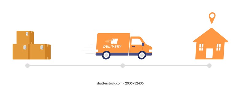 Delivery service process timeline. Parcel boxes, delivery truck and customer house destination icon. Concept of shipment tracking, express transportation, courier, shipping. Flat vector illustration.