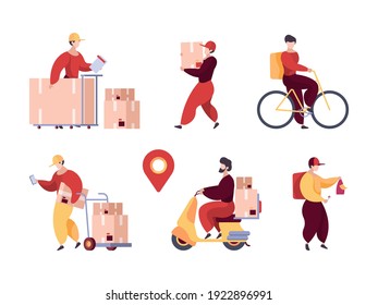 Delivery service. Professional deliver characters warehouse workers postman with packages and transport garish vector flat stylized people