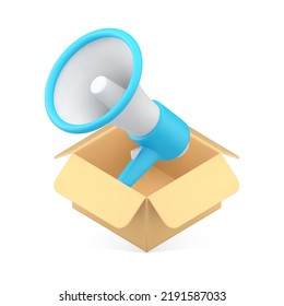 Delivery service promo announcement loudspeaker marketing advertising realistic 3d icon vector illustration. Courier shipment cargo international transportation megaphone in open cardboard box