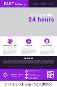 Delivery service purple flyer design. Vector illustration.