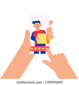 Delivery Service Rating Concept Delivery Guy with Box Flat Design Style Vector Illustration