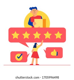 Delivery Service Rating Concept Delivery Guy with Box Flat Design Style Vector Illustration