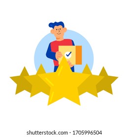 Delivery Service Rating Concept Delivery Guy with Box Flat Design Style Vector Illustration