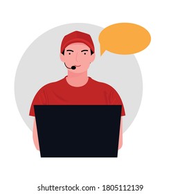 delivery service is receiving customer calls. Courier delivery vector illustration
