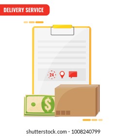 Delivery service, receiving order concept. Blank with cash and box.