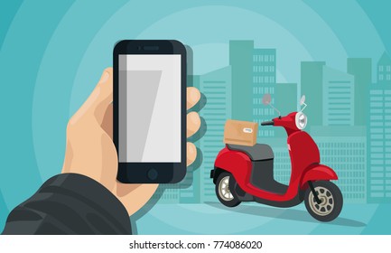 Delivery service red scooter vector flat illustration. Fast shipping business 
concept poster with place for text with phone