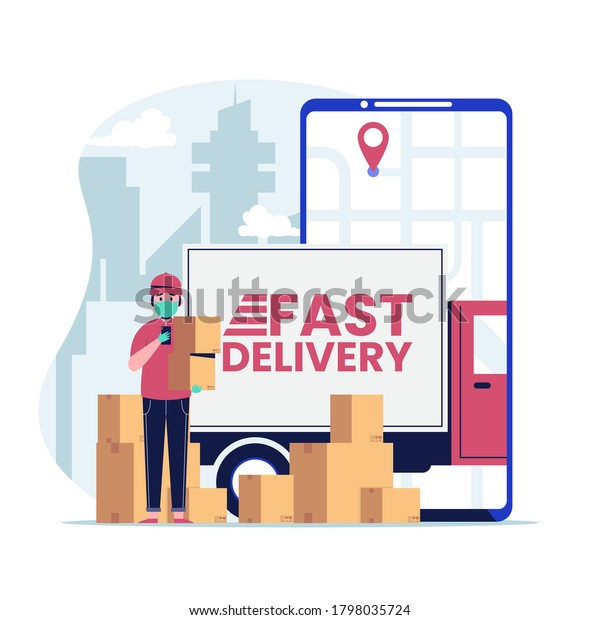 Delivery service with red\
truck and courier in medical mask and gloves delivered the parcel.\
parcel delivery service in the city. Flat design vector\
illustration