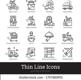 Delivery service, retail, online shopping, ecommerce thin line icons for web, mobile app. Editable stroke. Vector set include icons: contactless delivery, courier, grocery pickup, food ordering etc. svg