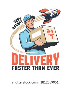 Delivery service retro logo with courier holding parcel and rocket. Delivery man with box. Vector illustration.