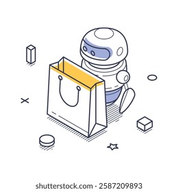 A delivery service robot stands next to a shopping bag, showcasing its role in modern logistics. This isometric line art illustration emphasizes efficiency and innovation in delivery solutions.