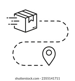 Delivery Service Route Line Icon. Parcel Location Linear Pictogram. Pin on Map with Box, Shipment Distance Outline Symbol. Order Path Sign. Editable Stroke. Isolated Vector Illustration.