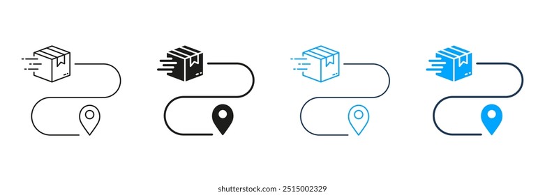 Delivery Service Route Line and Silhouette Icon Set. Parcel Location Pictogram. Pin on Map with Box, Shipment Distance Symbol. Order Path Sign. Editable Stroke. Isolated Vector Illustration.