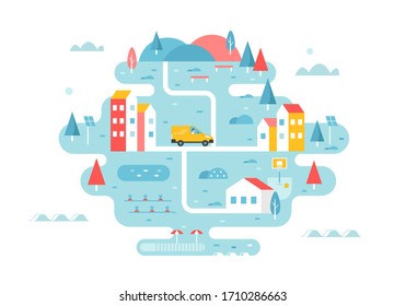 Delivery Service. Rural Area Or Town Illustrated Map With Roads And Buildings. Tourism And Development Concept. Vector Flat Design