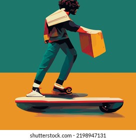 Delivery service. scooter courier. colored flat design. Young curly boy on a scooter. hurry to deliver