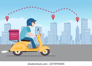 Delivery service scooter man vector illustration with buildings in background.