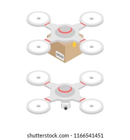Delivery service sends boxes on drone, fast delivery of orders, round-the-clock work, courier bears the parcel. Quadcopter with action camera. Isometric vector illustration. 