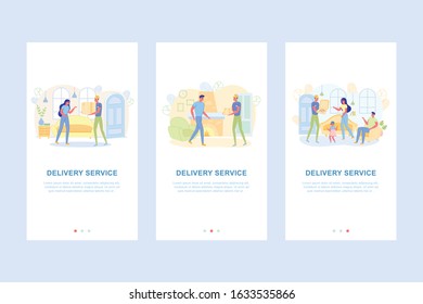 Delivery Service Set Appscreens Flat Cartoon Vector Illustration. Delivery Man Bringing Big and Small Boxes to Customers. Family Ordering Pizza to Eat. Members Waiting for Fast Food.