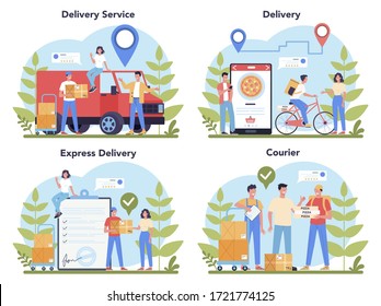 Conjunto de servicios de entrega. Correo en uniforme con caja del coche.Entrega de comida en línea. Pedido de mercadería en internet. Concepto logístico expreso. Ilustración vectorial en estilo de caricatura