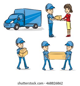 Delivery service set. Hand drawn cartoon vector illustration.