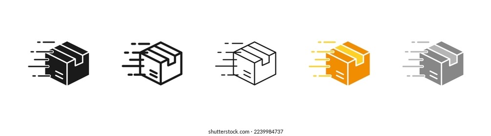 Delivery service set icon. Box, parcel, package, shipping, documents, location, date, calendar, courier, cart, phone, track, box, container. Vector five icon in different style on white background