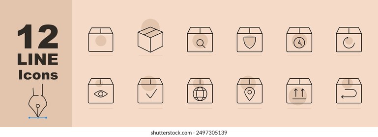 Delivery service set icon. Packages, magnifying glass, shield, clock, cycle arrow, eye, checkmark, globe, location pin, upward arrows, return arrow.