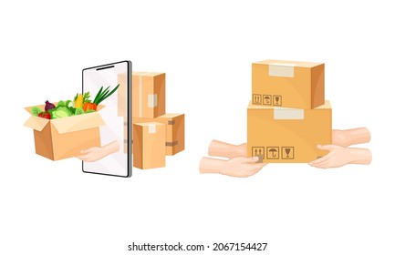 Lieferservice-Set. Mobile App-Orderverfolgungstechnologie und Logistikkonzept, Vektorgrafik