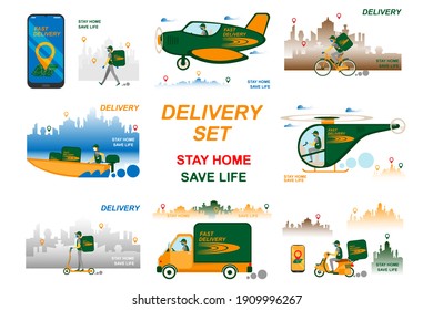 Delivery service set. Online order tracking, delivery home and office concept. Warehouse, truck, plane, boat, copter, scooter and bicycle courier, delivery man in respiratory mask.