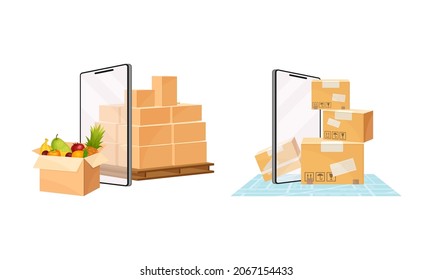 Conjunto de servicios de entrega. Tecnología de seguimiento de pedidos en línea e ilustración de vector de concepto de logística
