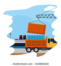 delivery service ship and truck containers with crane