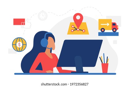 Delivery service, shipping commerce concept vector illustration. Cartoon woman operator character with headset headphones working in hotline customer call center, delivering boxes courier truck icons