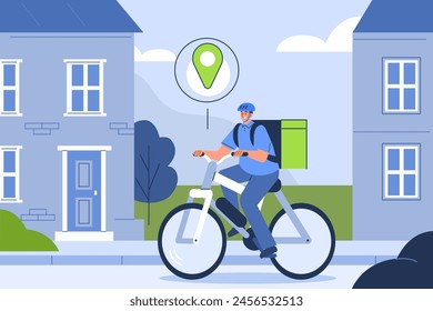 
Delivery service, shipping, logistic concept. Courier driver wearing helmet holding delivery bag and riding bicycle to customer house door. Vector illustration 