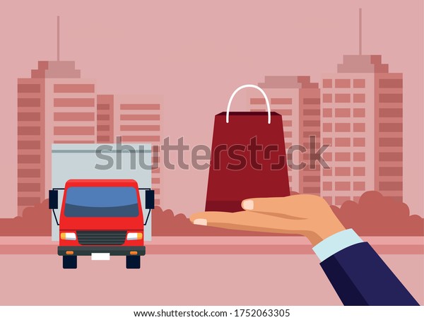 delivery service with shopping bag and truck\
vector illustration\
design