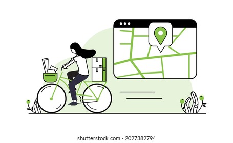 Delivery service shopping concept.Online delivery service concept, online order tracking, delivery home and office. Map location, truck and bicycle courier, delivery man. Vector illustration