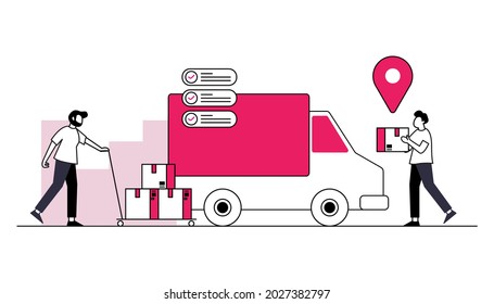 Delivery service shopping concept.Online delivery service concept, online order tracking, delivery home and office. Map location, truck and bicycle courier, delivery man. Vector illustration