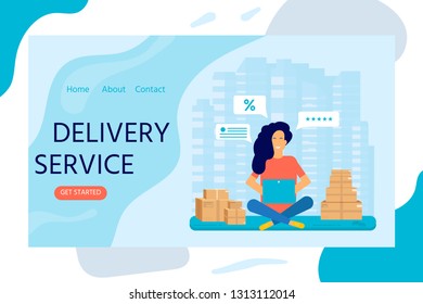 Delivery service, shopping online concept for landing web page, mobile apps. Happy customers buying and making payments on laptop.  Horizontal web banner in flat design. Vector illustration for websit
