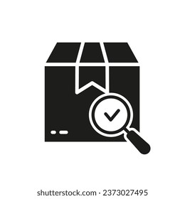 Delivery Service Silhouette Icon. Check Parcel. Carton Box with Magnifier and Checkmark Glyph Pictogram. Approved Product Solid Sign. Quality Goods in Container Symbol. Isolated Vector Illustration.