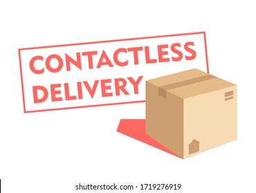 Delivery service. Stamp - Contactless delivery in pink text on a white isolated background. Closed craft box close-up with a pink shadow. Vector stock illustration.