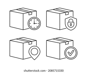 Delivery service steps. Delivery boxes. Logistics delivery line icons set. Fast parcel shipping. Express delivery. Shipment of goods, tracking, protection package and approved parcel.