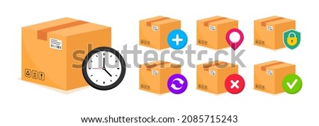 Delivery service steps. Delivery boxes. Logistics delivery flat icons set. Fast parcel shipping. Express delivery. Shipment of goods, tracking, security, return, approved and rejected parcel.