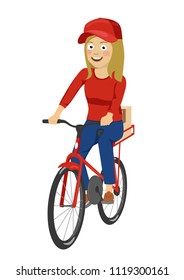 Delivery service teenager girl riding a bicycle delivering cardboard package