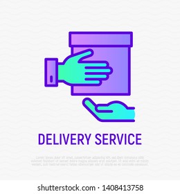 Delivery service thin line icon. Courier brings package to client. Modern vector illustration 